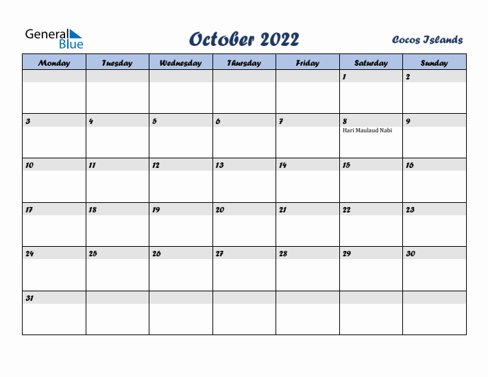 October 2022 Calendar with Holidays in Cocos Islands