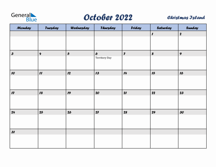 October 2022 Calendar with Holidays in Christmas Island