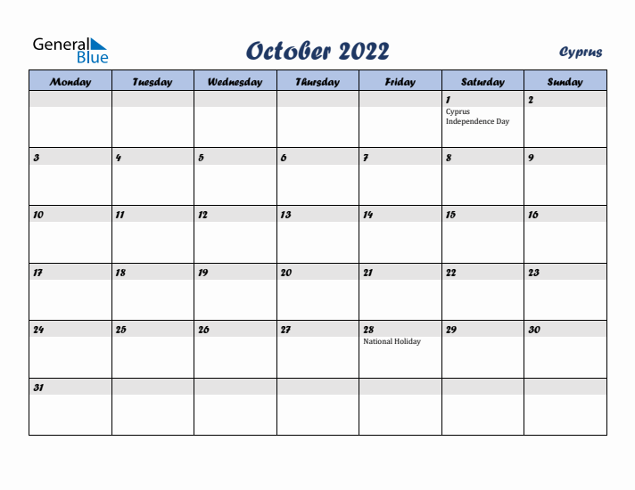 October 2022 Calendar with Holidays in Cyprus