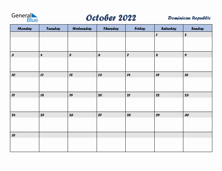 October 2022 Calendar with Holidays in Dominican Republic