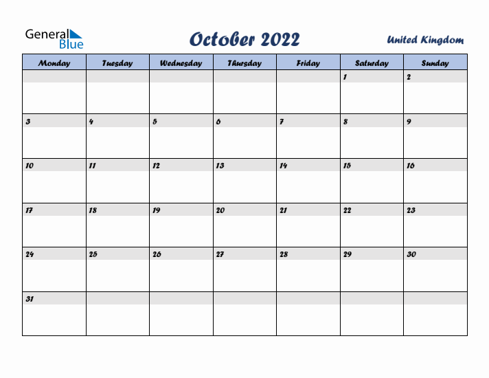 October 2022 Calendar with Holidays in United Kingdom