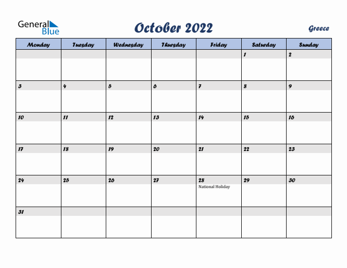 October 2022 Calendar with Holidays in Greece