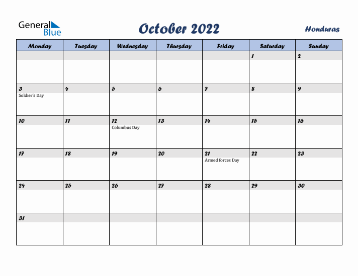 October 2022 Calendar with Holidays in Honduras