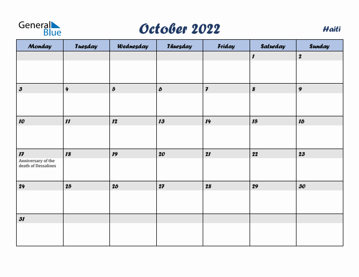 October 2022 Calendar with Holidays in Haiti