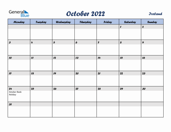 October 2022 Calendar with Holidays in Ireland
