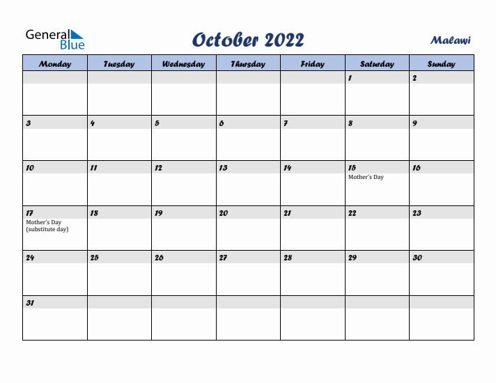 October 2022 Calendar with Holidays in Malawi