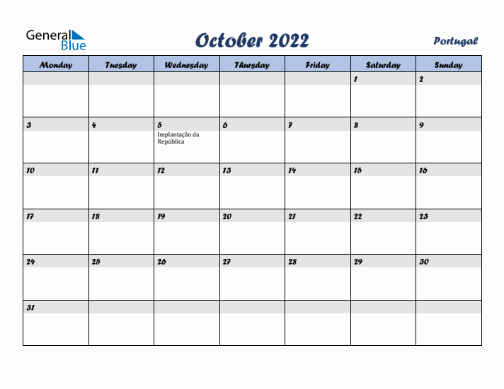 October 2022 Calendar with Holidays in Portugal