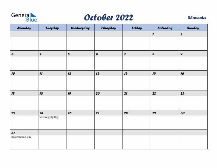 October 2022 Calendar with Holidays in Slovenia