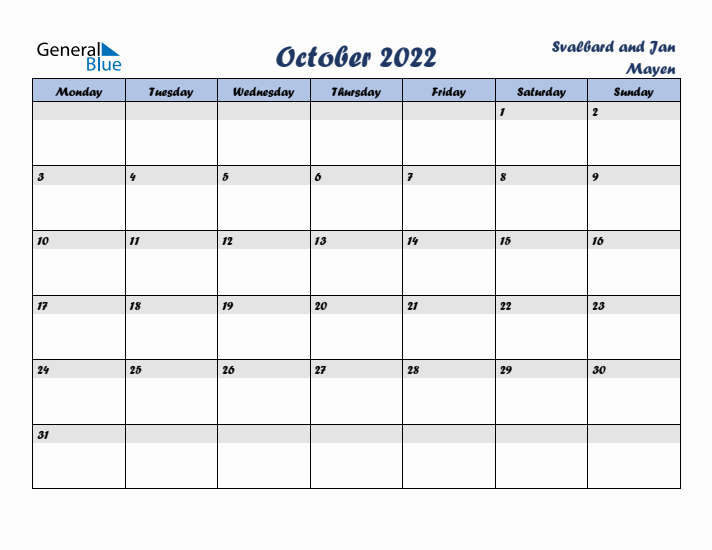 October 2022 Calendar with Holidays in Svalbard and Jan Mayen