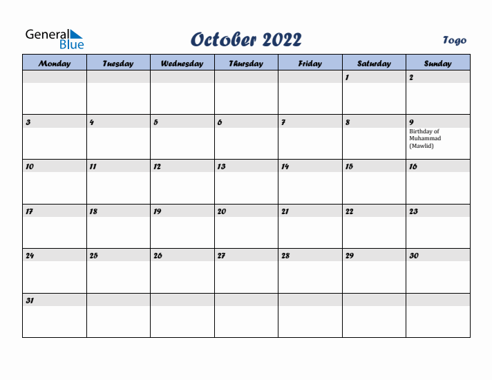 October 2022 Calendar with Holidays in Togo