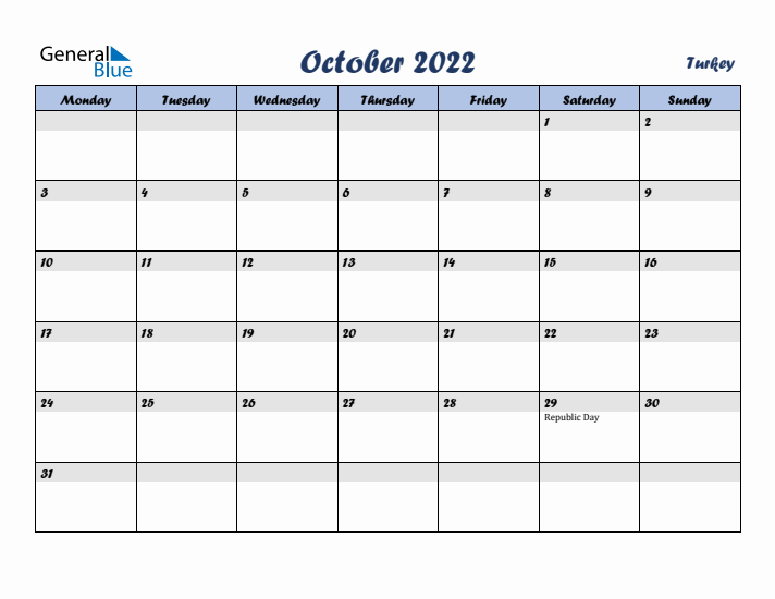 October 2022 Calendar with Holidays in Turkey