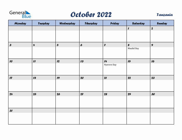 October 2022 Calendar with Holidays in Tanzania