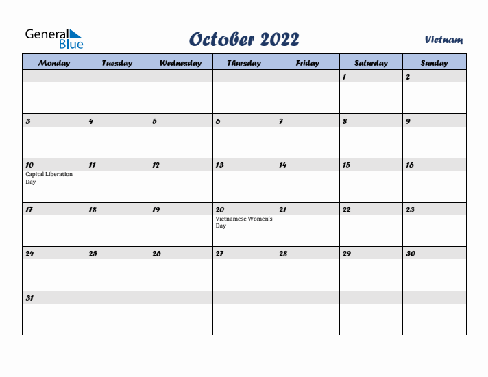 October 2022 Calendar with Holidays in Vietnam