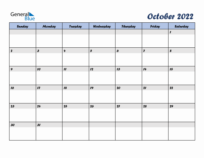 October 2022 Blue Calendar (Sunday Start)