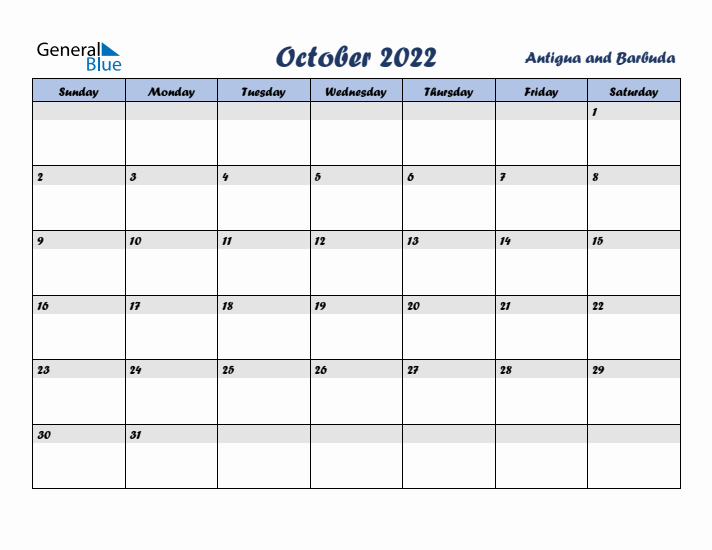 October 2022 Calendar with Holidays in Antigua and Barbuda