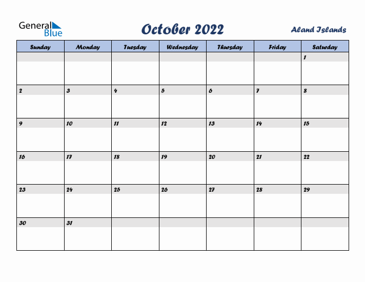 October 2022 Calendar with Holidays in Aland Islands