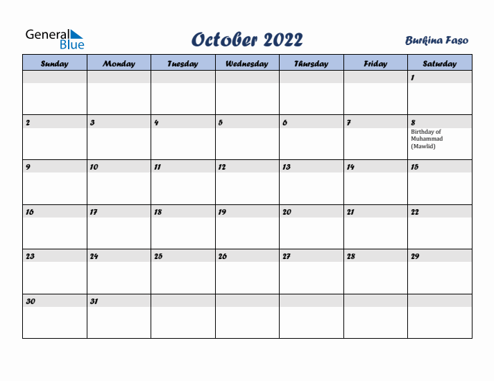 October 2022 Calendar with Holidays in Burkina Faso