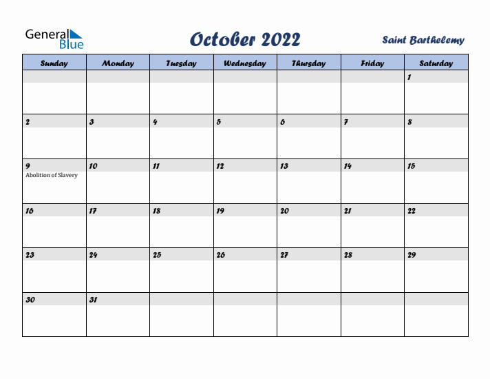 October 2022 Calendar with Holidays in Saint Barthelemy