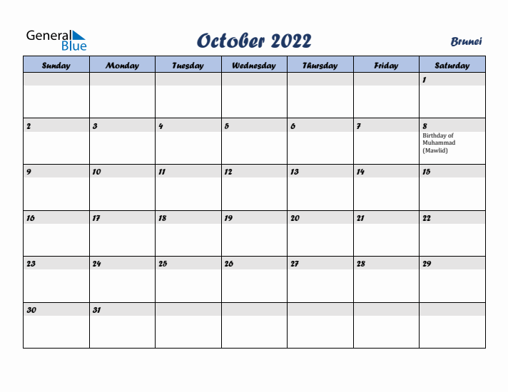 October 2022 Calendar with Holidays in Brunei