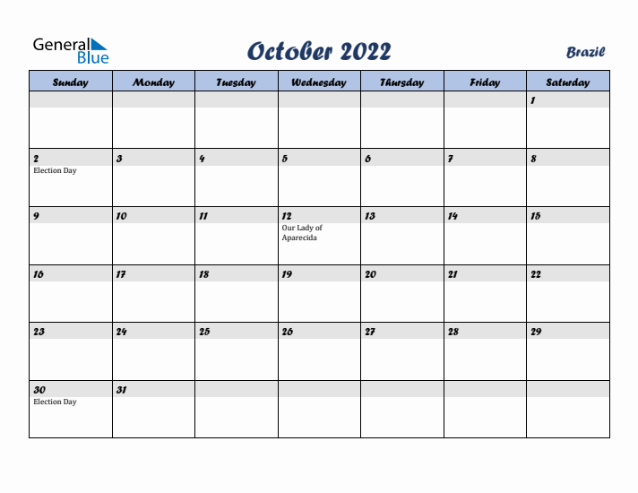 October 2022 Calendar with Holidays in Brazil