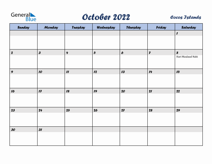 October 2022 Calendar with Holidays in Cocos Islands