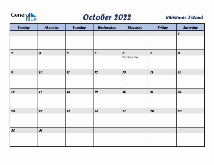 October 2022 Calendar with Holidays in Christmas Island