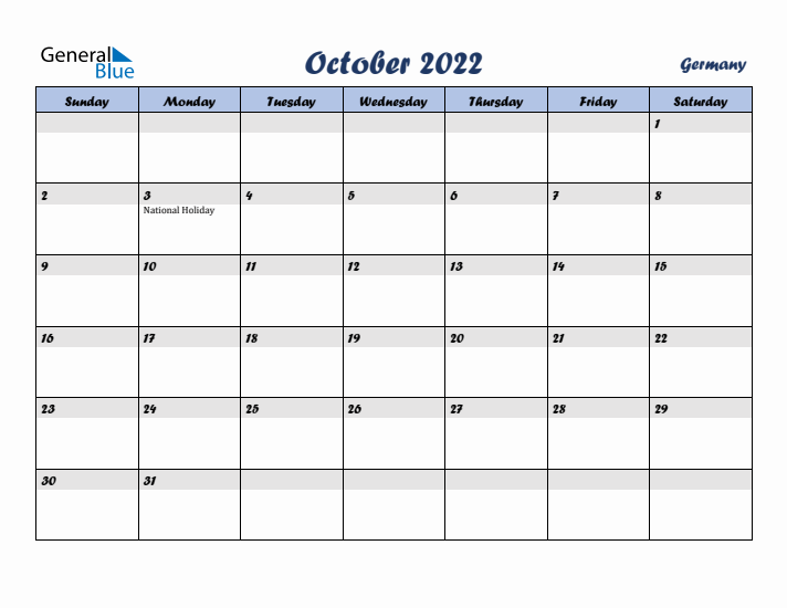 October 2022 Calendar with Holidays in Germany