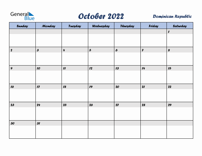 October 2022 Calendar with Holidays in Dominican Republic