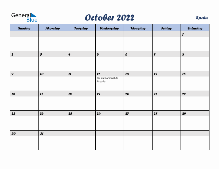 October 2022 Calendar with Holidays in Spain