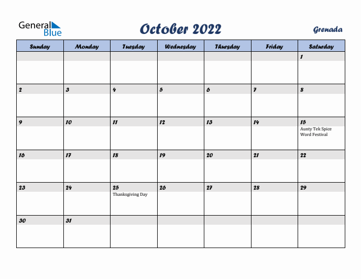 October 2022 Calendar with Holidays in Grenada