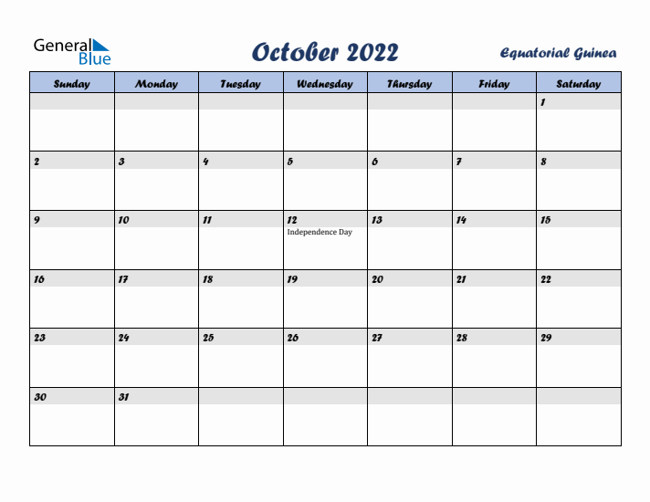 October 2022 Calendar with Holidays in Equatorial Guinea
