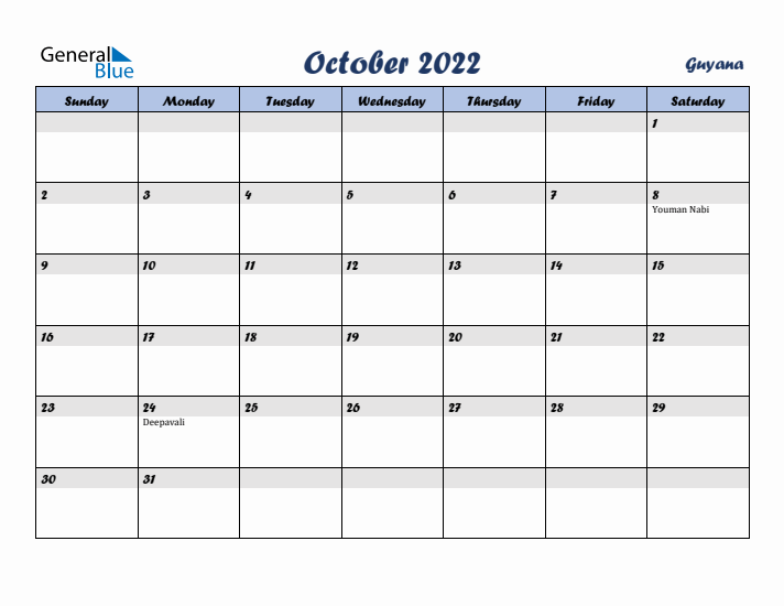 October 2022 Calendar with Holidays in Guyana