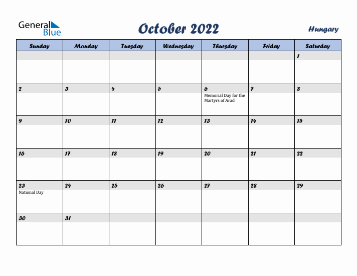 October 2022 Calendar with Holidays in Hungary