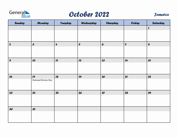 October 2022 Calendar with Holidays in Jamaica