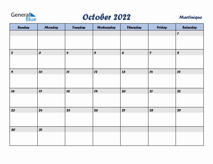October 2022 Calendar with Holidays in Martinique