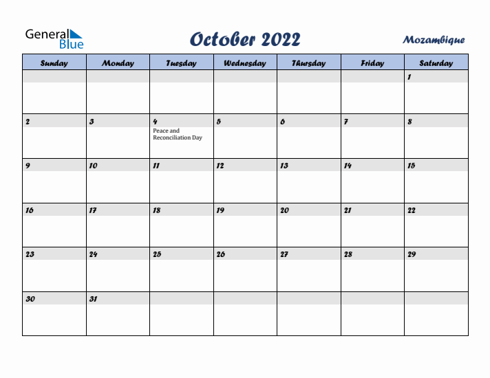 October 2022 Calendar with Holidays in Mozambique