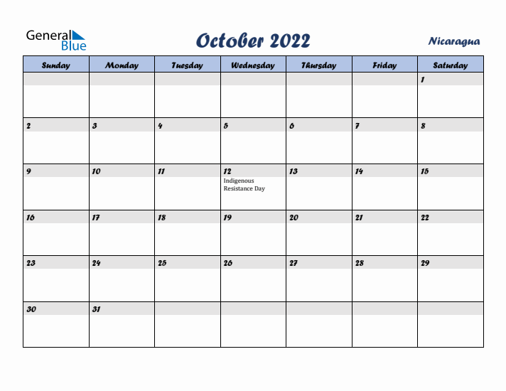 October 2022 Calendar with Holidays in Nicaragua