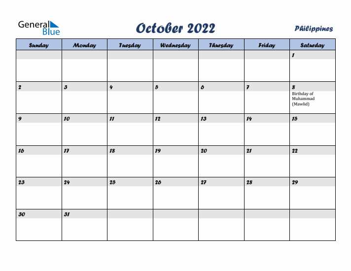 October 2022 Calendar with Holidays in Philippines