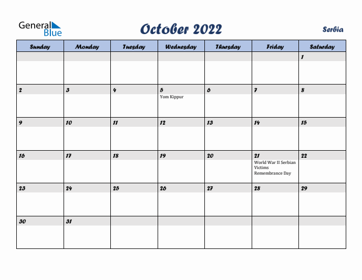 October 2022 Calendar with Holidays in Serbia