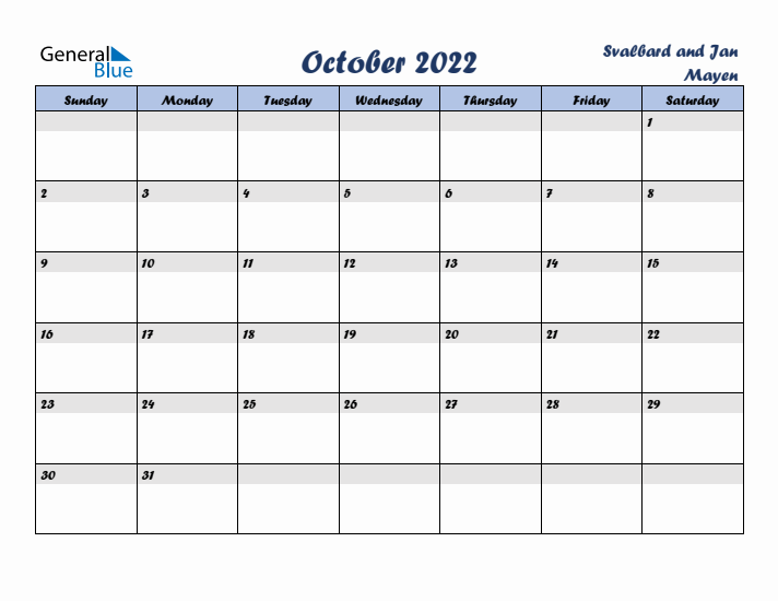 October 2022 Calendar with Holidays in Svalbard and Jan Mayen