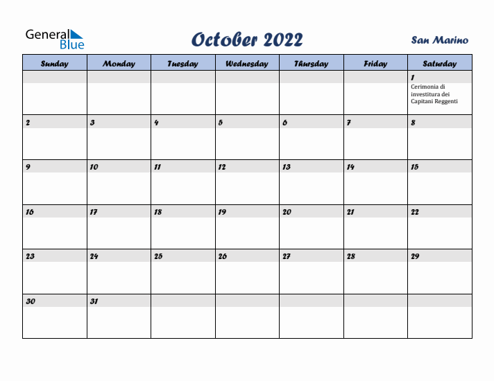 October 2022 Calendar with Holidays in San Marino