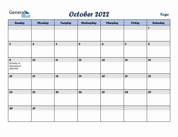 October 2022 Calendar with Holidays in Togo