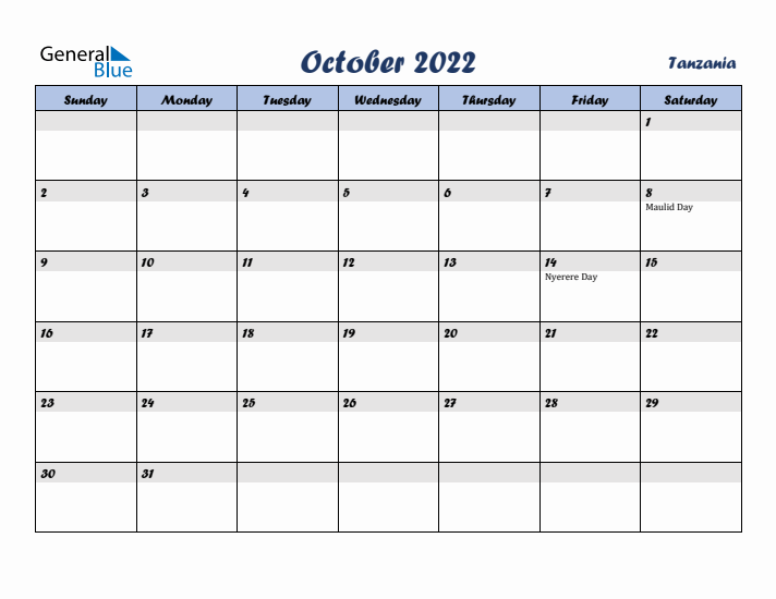 October 2022 Calendar with Holidays in Tanzania