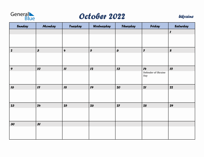 October 2022 Calendar with Holidays in Ukraine