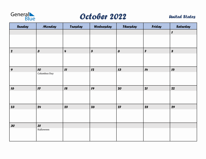 October 2022 Calendar with Holidays in United States