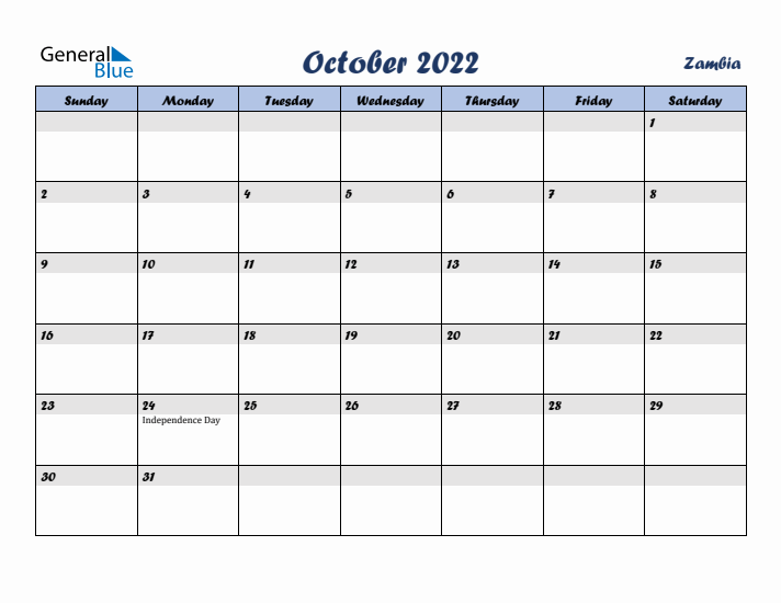 October 2022 Calendar with Holidays in Zambia