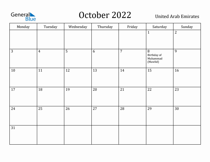 October 2022 Calendar United Arab Emirates