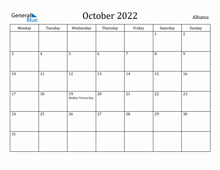 October 2022 Calendar Albania
