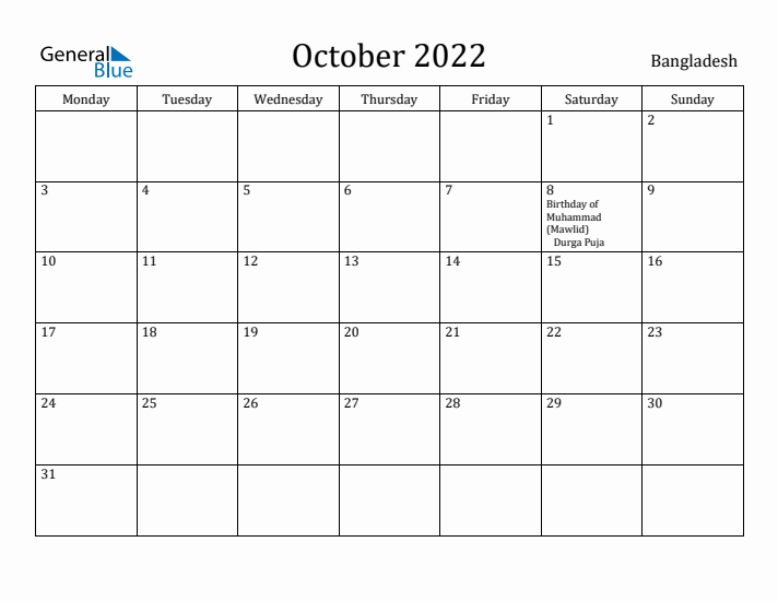 October 2022 Calendar Bangladesh