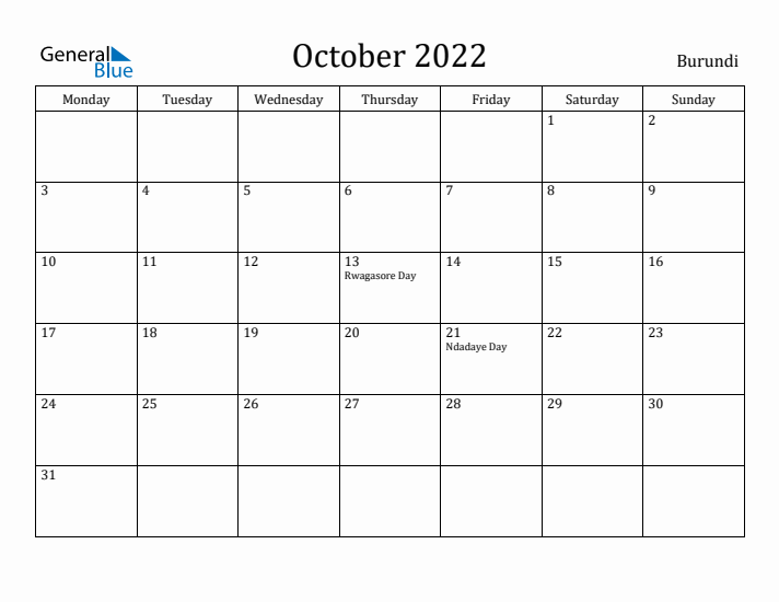 October 2022 Calendar Burundi